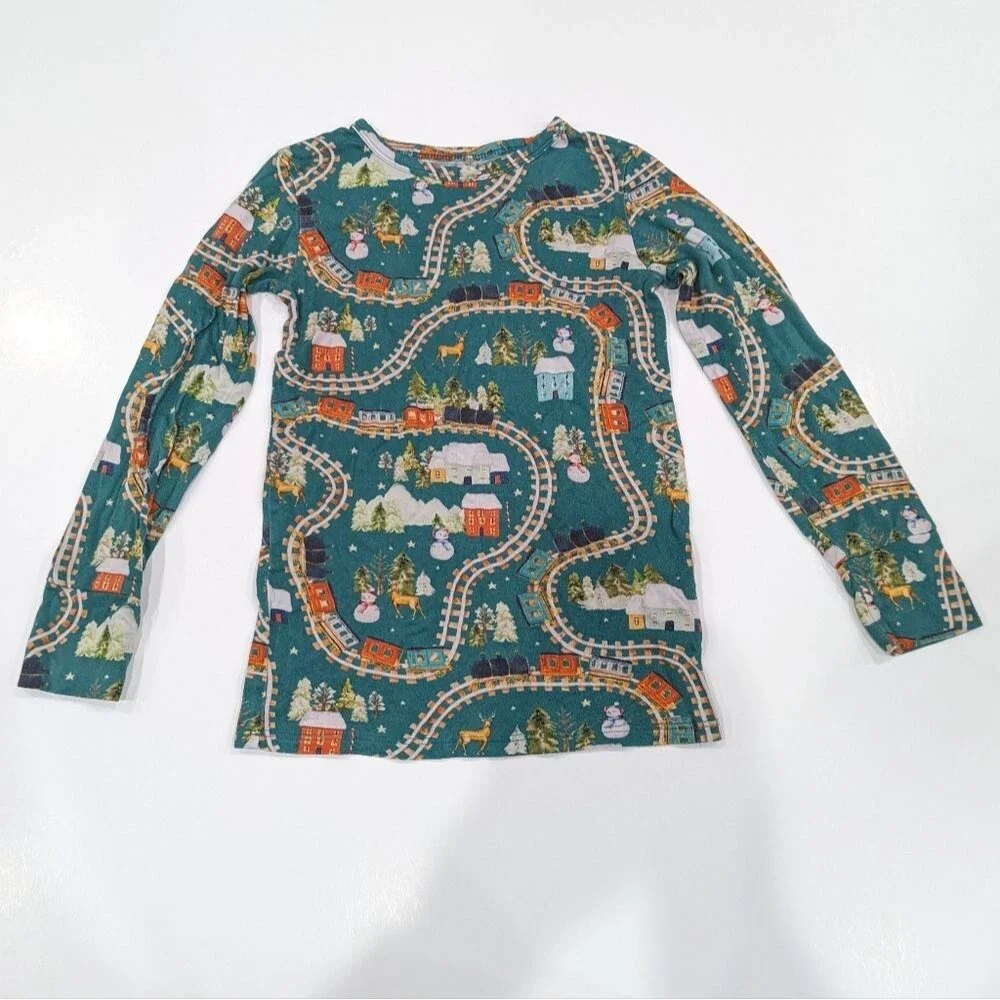 Posh Peanut Wyatt Holiday Train Green Holiday Winter Long John Pajamas Kids 7